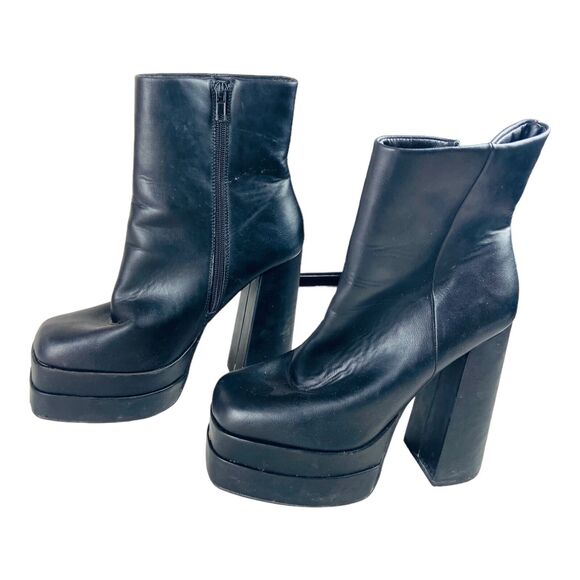 Womens High Block Heels Square Zip Platform Ankle Booties Boots Black Size 9 - Picture 3 of 8